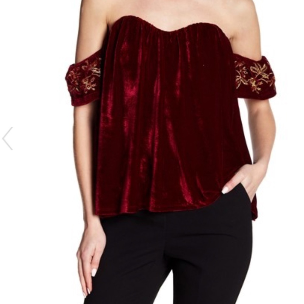 NWT Dee Elly Off Shoulder Embroidered Velvet Top